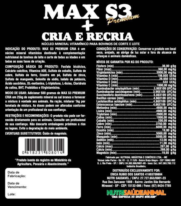 Max S3 Premium Cria e Recria Nucleo Mineral Vitamin Bovinos 1kg - Imagem 2