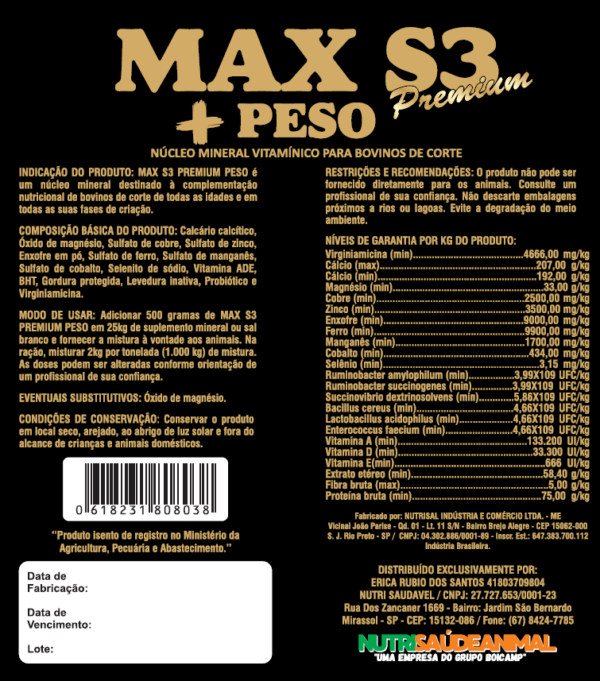 Max S3 Premium +Peso Núcleo Mineral Vitamínico Bovinos Corte 1kg - Imagem 2